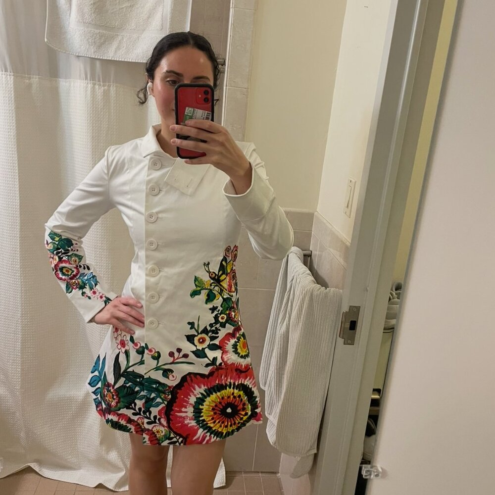 Desigual White Floral Print Satin Long Coat Jacket fits like US 6-8